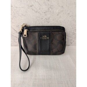 Coach Double Zip Wristlet/Wallet Signature Canvas Brown & Black